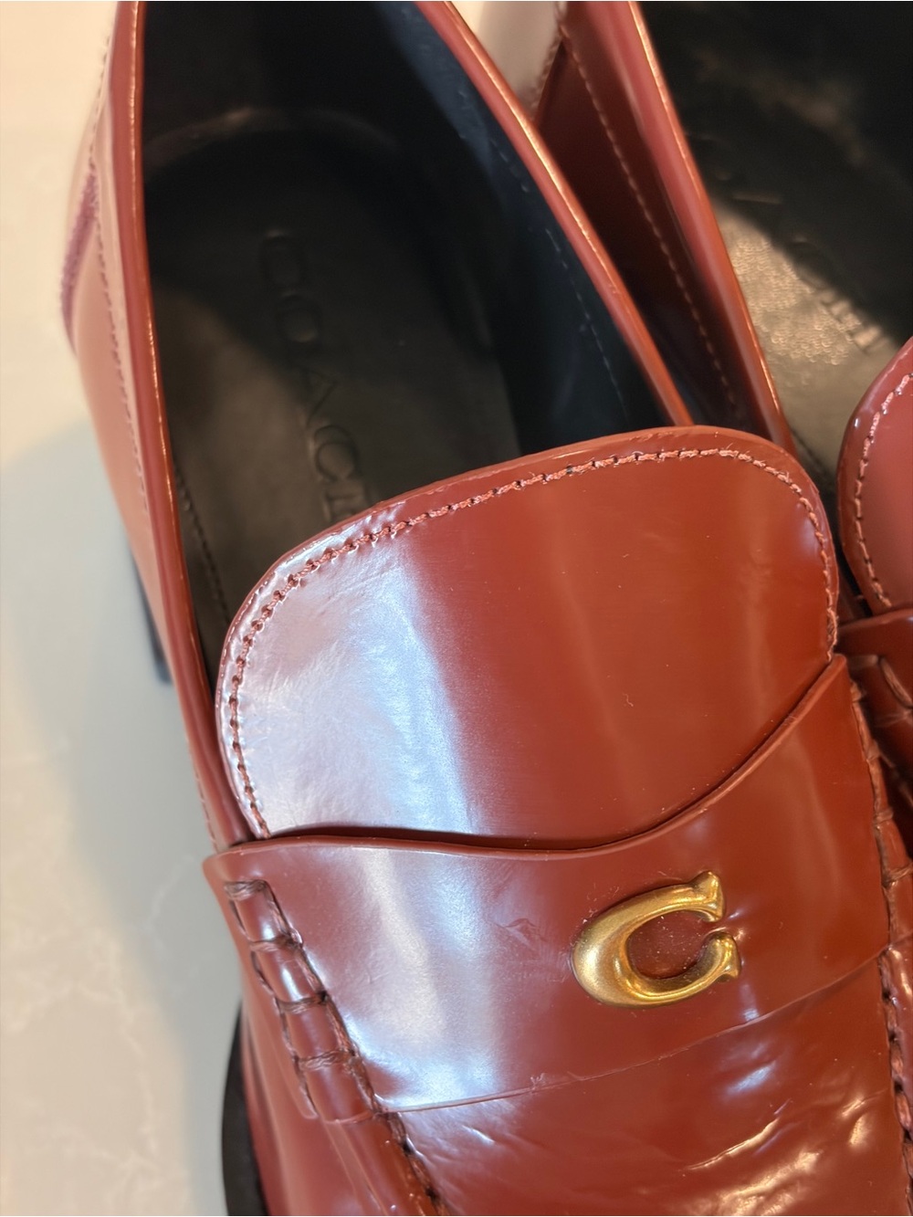 Coach Natalie womens brown faux Leather Heeled pump Loafers with Gold 'C' Accent - Picture 5 of 13